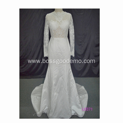 ivory O-neckline flower lace wedding dress long sleeve